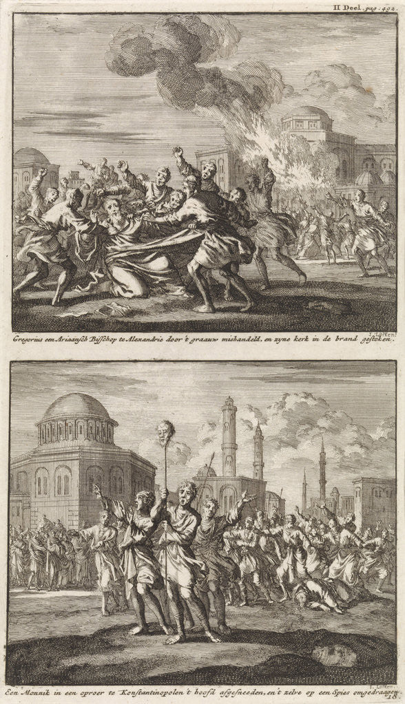 Detail of Gregory, a bishop, being ill-treated by opponents and the beheading of a monk in Constantinople by Barent Visscher