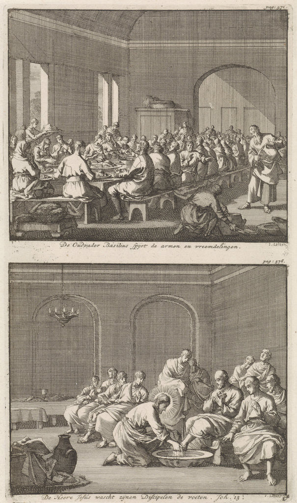 Detail of Saint Basil serves a meal to the poor and Christ washing the feet of Peter by Barent Visscher