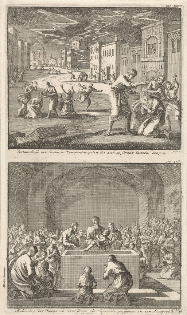 Detail of Residents of Constantinople to be baptized in the street and the baptism of elderly and young people in the church by Jacobus van Hardenberg