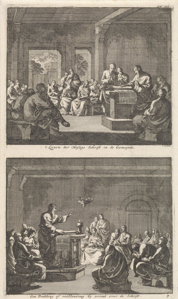 Detail of Early Christian community listening to a reading from the Bible and Early Christian community listens to a sermon by Jacobus van Hardenberg