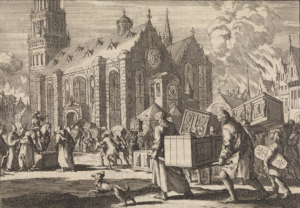 Detail of Residents of Spiers bringing in good faith their furniture to the Cathedral where they are then burned by the French General Monclar by Pieter van der Aa I