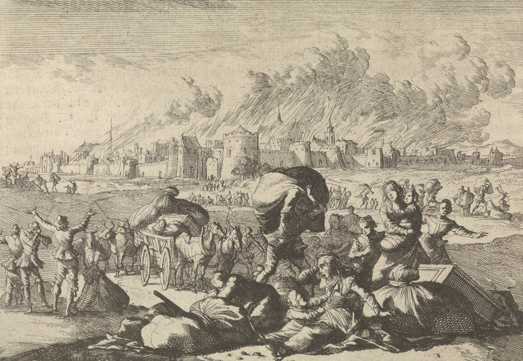 Detail of Aachen burns while residents flee by Anonymous