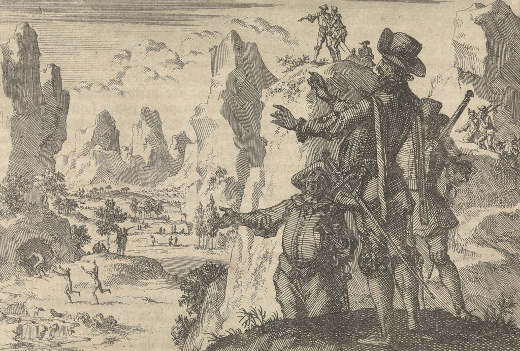 Detail of Armed Spaniards watching wild people from rocks, ca. 1600 by Pieter van der Aa I