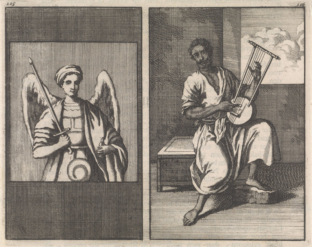 Detail of Angel with sword, Moor plays five stringed instrument by Jan Luyken
