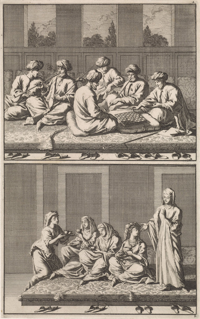 Detail of Company of six smoking and chess-playing Turks, Company of coffee drinking four women and a slave by Jan Luyken