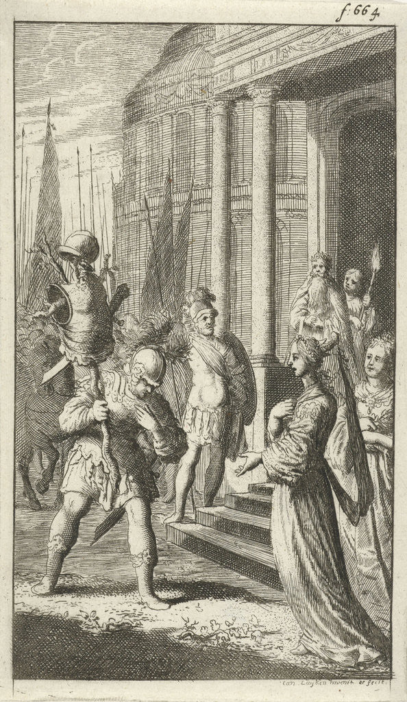 Detail of Poliarchus meets Queen Hyanisbe after his victory over Radirobanes by Jan Luyken