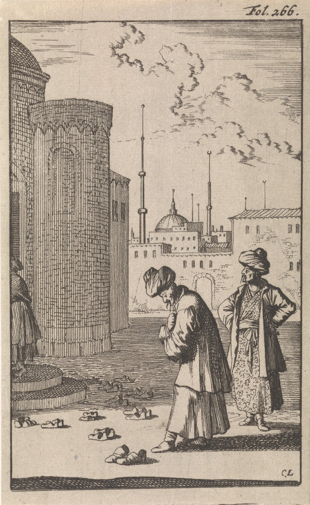 Detail of On a square two Turks are walking towards a mosque where before the entrance are a few pairs of shoes by Timotheus ten Hoorn