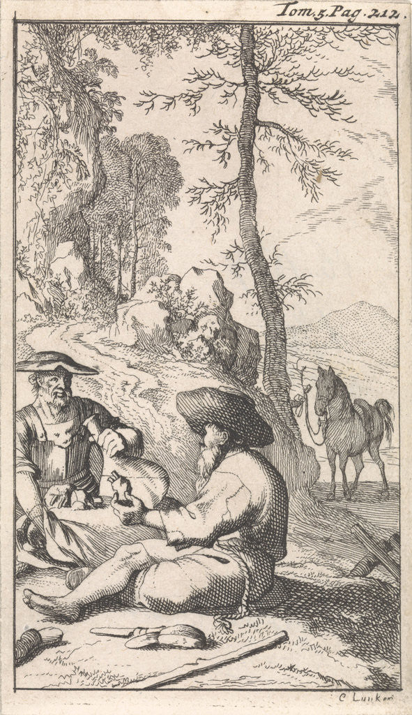 Detail of Don Quixote drinks wine with a hermit in a forest by Pieter Mortier