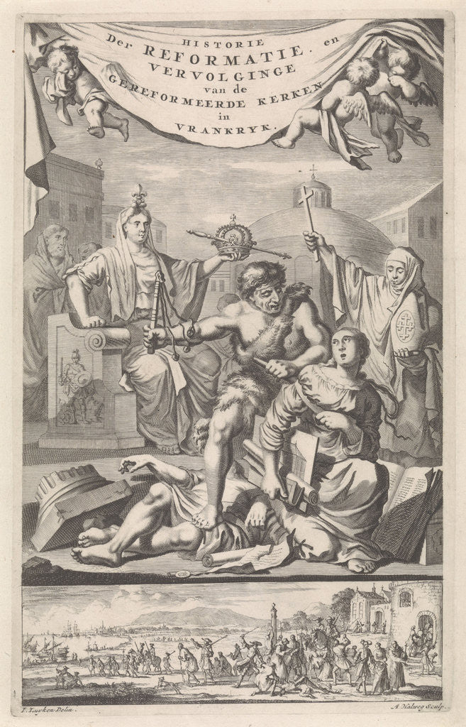 Detail of Gallia and the French Catholic Church watch how the Reformed Church is lashed by Jan Claesz ten Hoorn