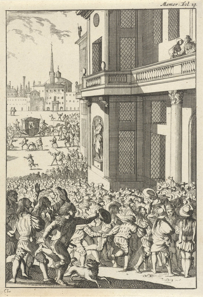Detail of Large popular uprising before the palace in Madrid, Spain by Willem Broedelet