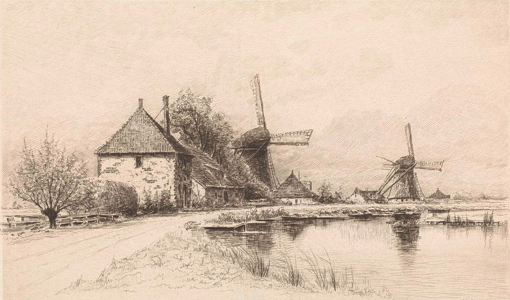 Detail of Houses and two windmills along a river by Elias Stark