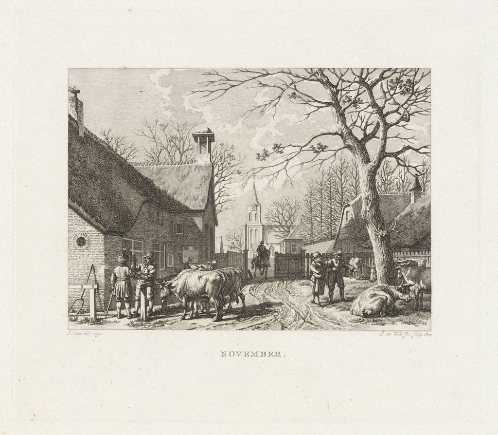 Detail of Farmers negotiate near oxen in a village by Izaak Jansz. de Wit