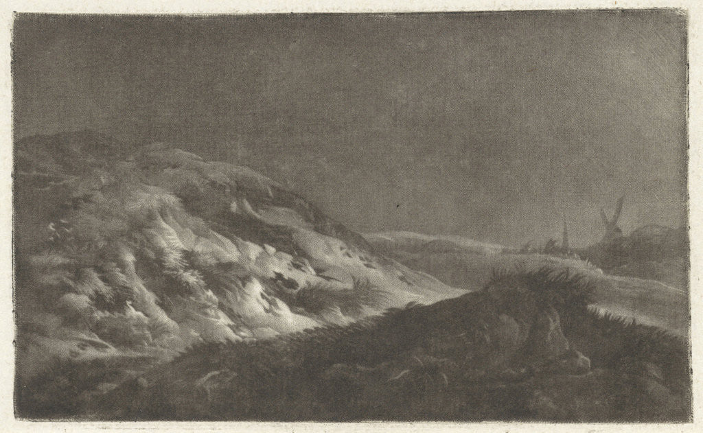Detail of Dune landscape with a church tower in the background and a mill by Arnout Rentinck