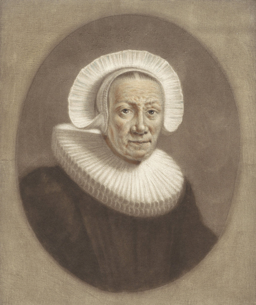 Detail of Portrait of an old woman with wide stiff pleated collar and cap diadem by Pieter Louw