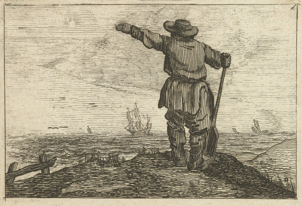 Detail of Dune landscape with a waving man leaning on a shovel by Jan Porcellis