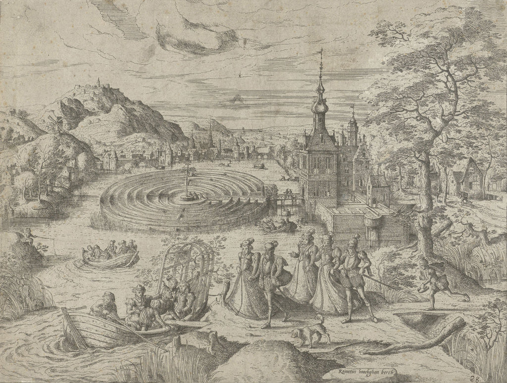 Detail of Landscape with company getting into a boat by Remigius Hogenberg