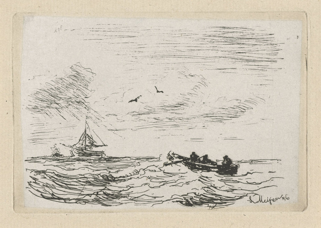 Detail of Seascape with a sailing and rowing, Louis Meijer by Louis Meijer