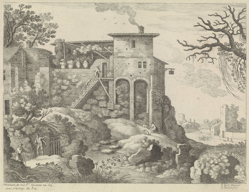 Detail of Italian landscape with an inn by Lodewijk XIV
