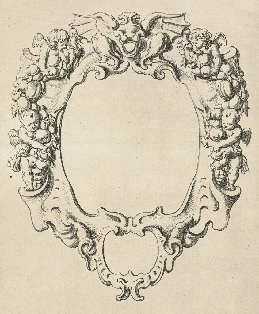 Detail of Cartouche with lobe ornament with four angels by Nicolaes Visscher I