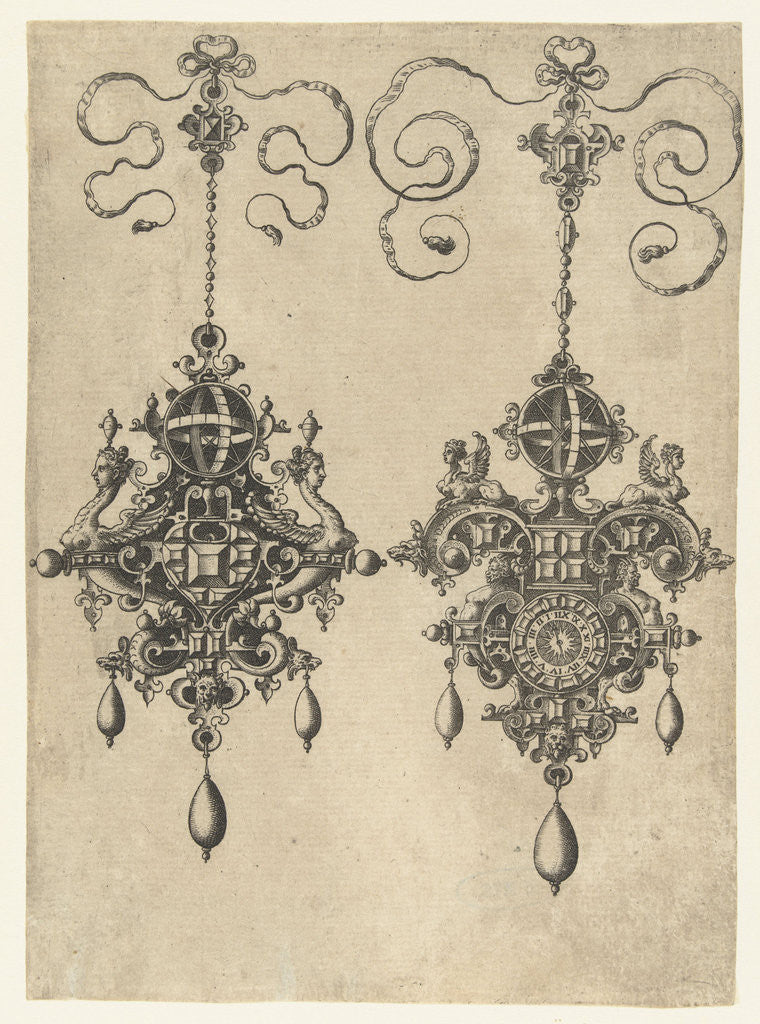 Detail of Two pendants with sundial by Philips Galle