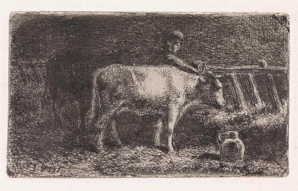 Detail of Farmer between two cows in a manger in a stable (small version) by Jan Vrolijk