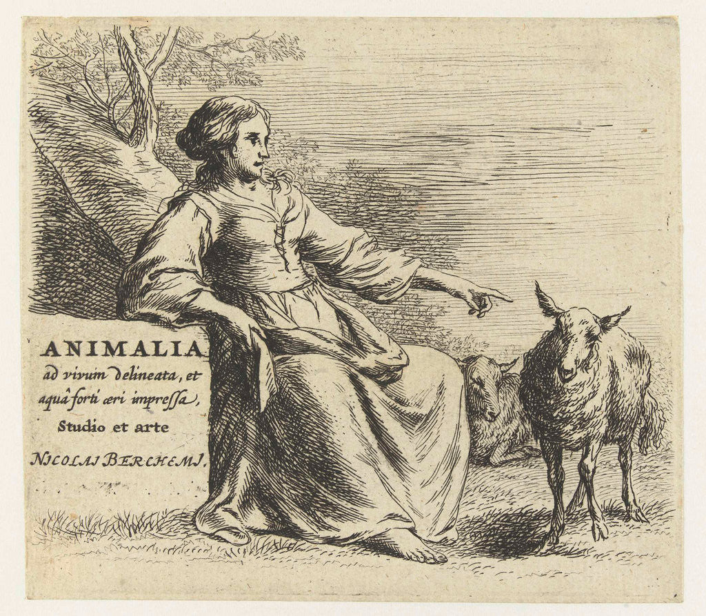 Detail of Incumbent shepherdess and two sheep by Nicolaes Pietersz. Berchem