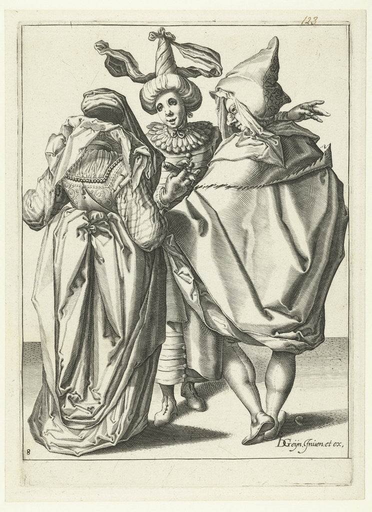 Detail of A woman dressed festively, a man in a cape and a masked man who extends his left arm by workshop of Jacob de Gheyn II