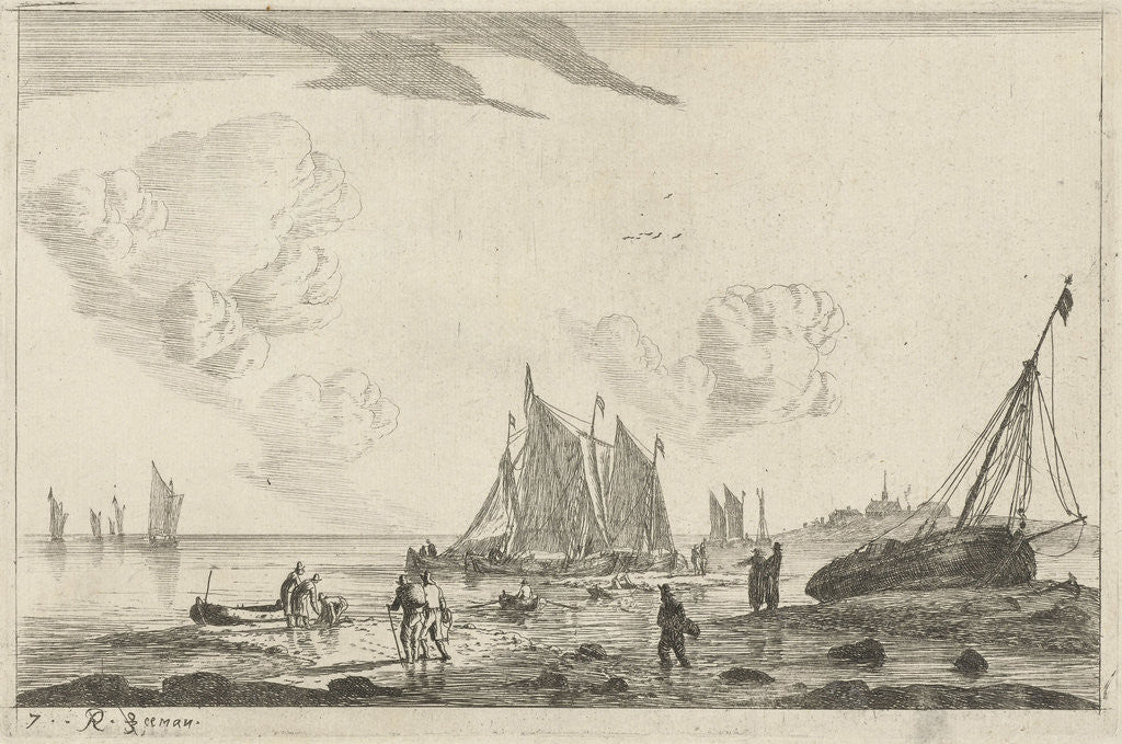 Detail of Beach with a sailing ship drawn on the sand by Reinier Nooms