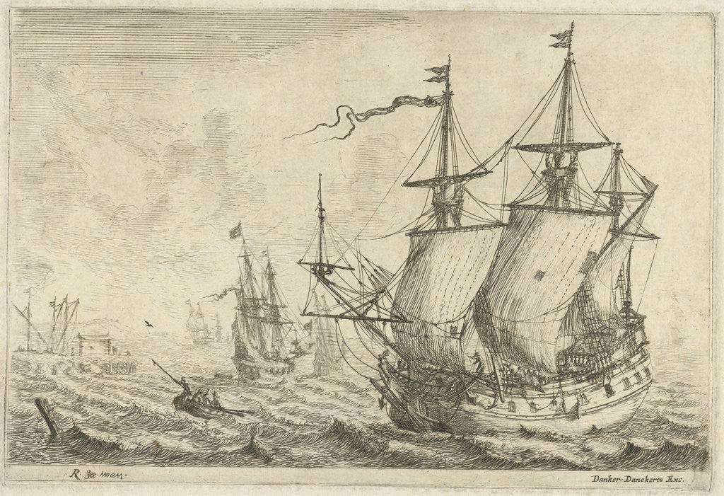 Detail of Seascape with several ships at a wharf by Reinier Nooms