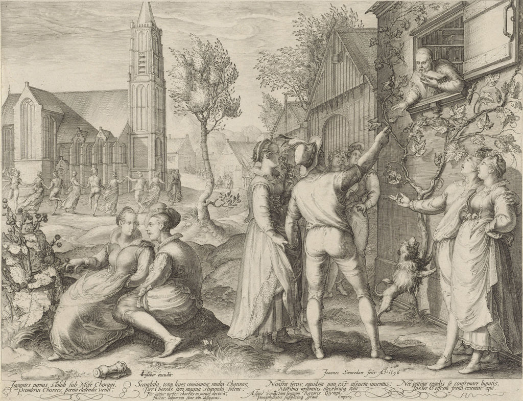 Detail of Young couples having fun and ignore the warnings of a scholar by Jan Saenredam