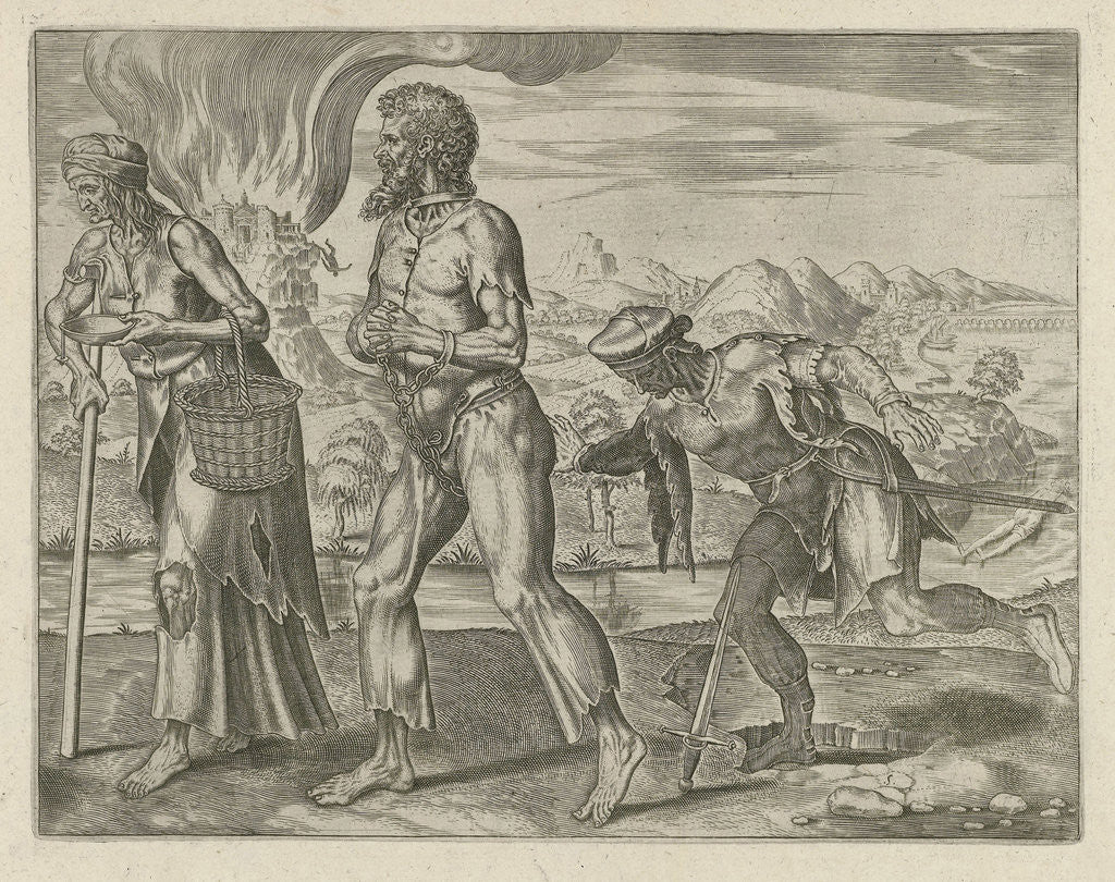 Detail of Poverty and violent death can strike down a human being by Philips Galle