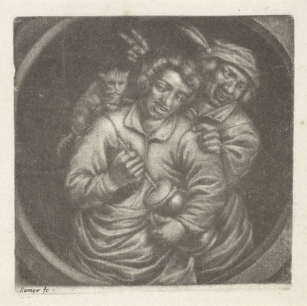 Detail of Rommelpotspeler, friction drum player, with a cat by Adriaen Brouwer