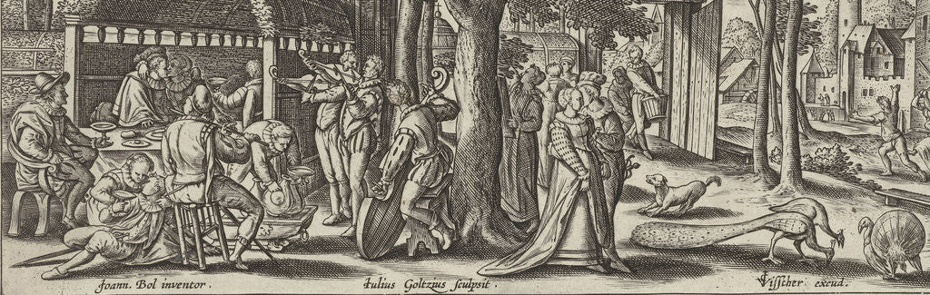 Detail of The prodigal son squanders his money by Claes Jansz. Visscher II