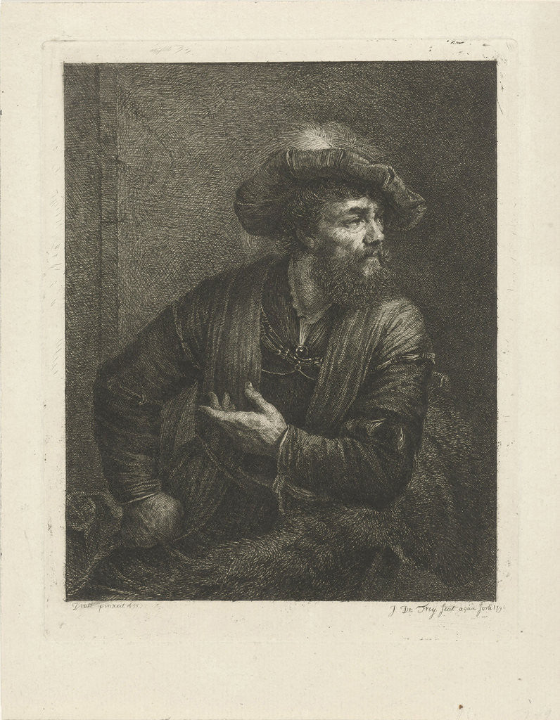 Detail of Portrait of an unknown man with feathered beret by Johannes Pieter de Frey