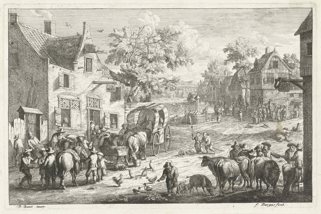 Detail of Village with travelers and cattle traders at inn by A.F. Bargas