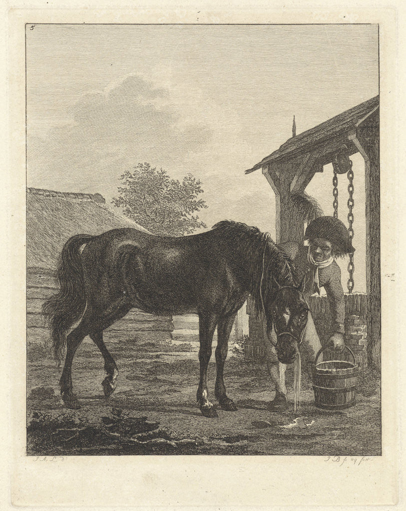 Detail of Man lets a horse drink from a bucket by Jan Anthonie Langendijk Dzn