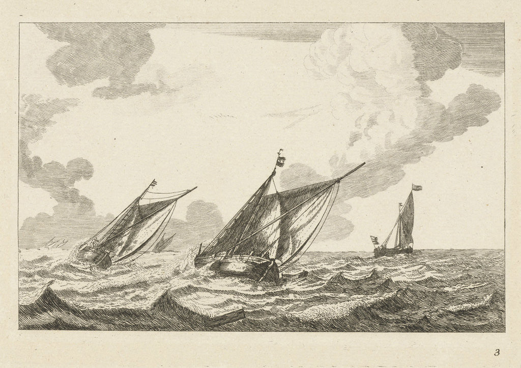 Detail of Three sailboats on a rough sea by Reinier Nooms