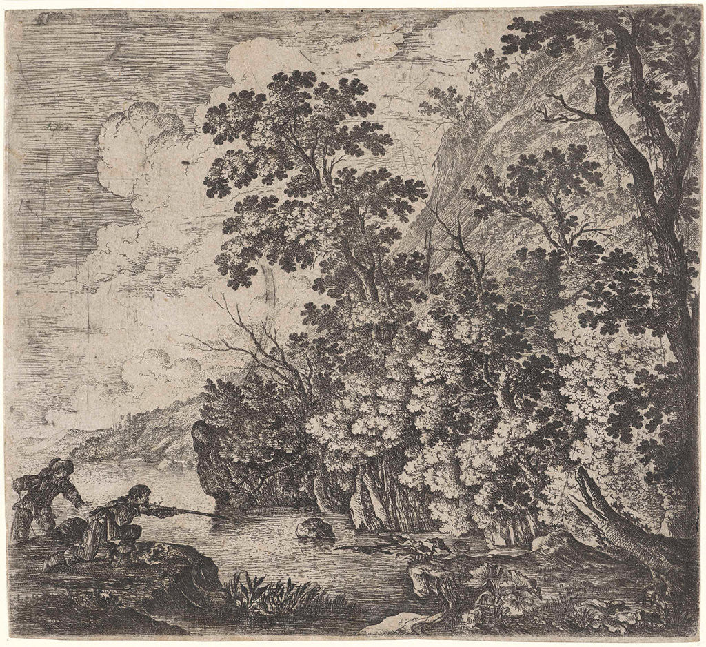 Detail of Hunters in a river in a mountainous landscape by Herman Saftleven