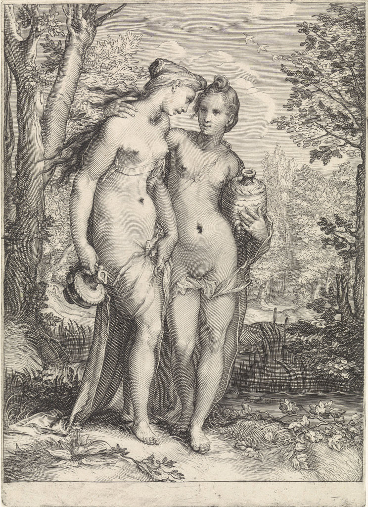 Detail of Two of Diana's nymphs with pitchers by Hendrick Goltzius