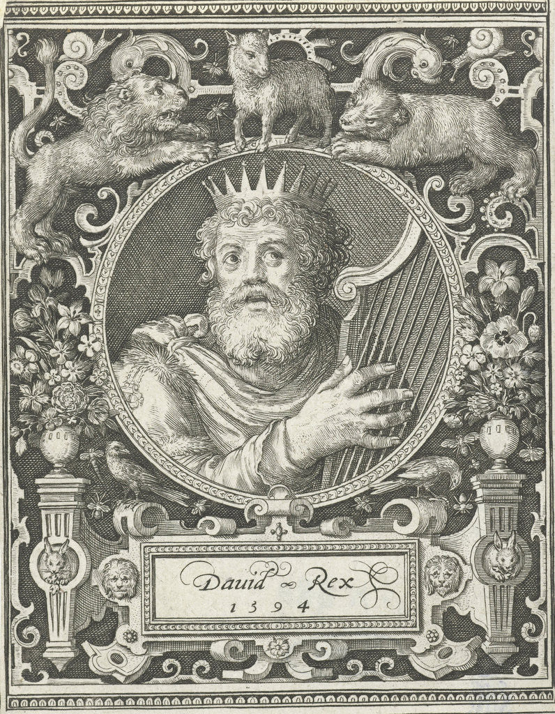 Detail of Portrait of King David, medallion inside rectangular frame with ornaments by Nicolaes de Bruyn