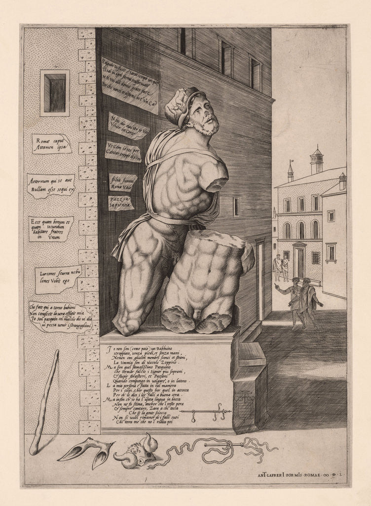 Detail of The statue Pasquino, standing on a pedestal in the Piazza di Pasquino in Rome, Italy by Antonio Lafreri