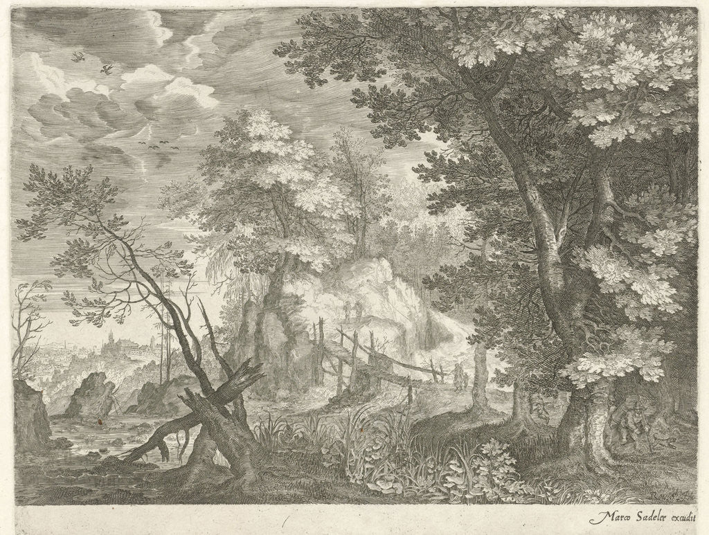 Detail of Forest landscape with wooden bridge by Aegidius Sadeler