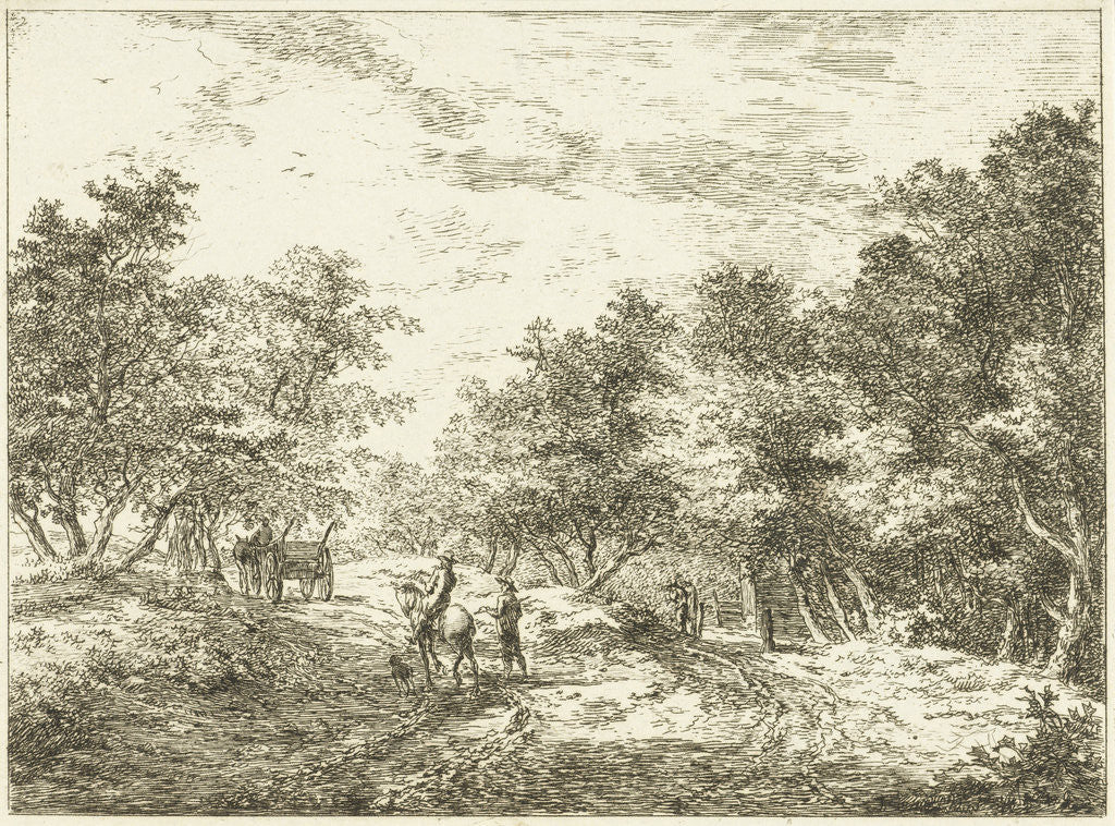 Detail of Path through the forest with wagon, walker and rider by Hermanus van Brussel