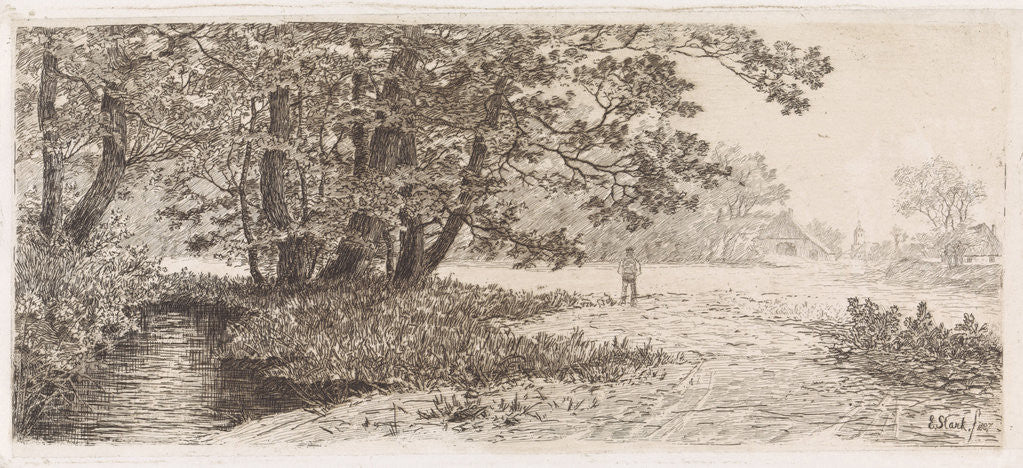 Detail of Landscape with trees along the water by Elias Stark