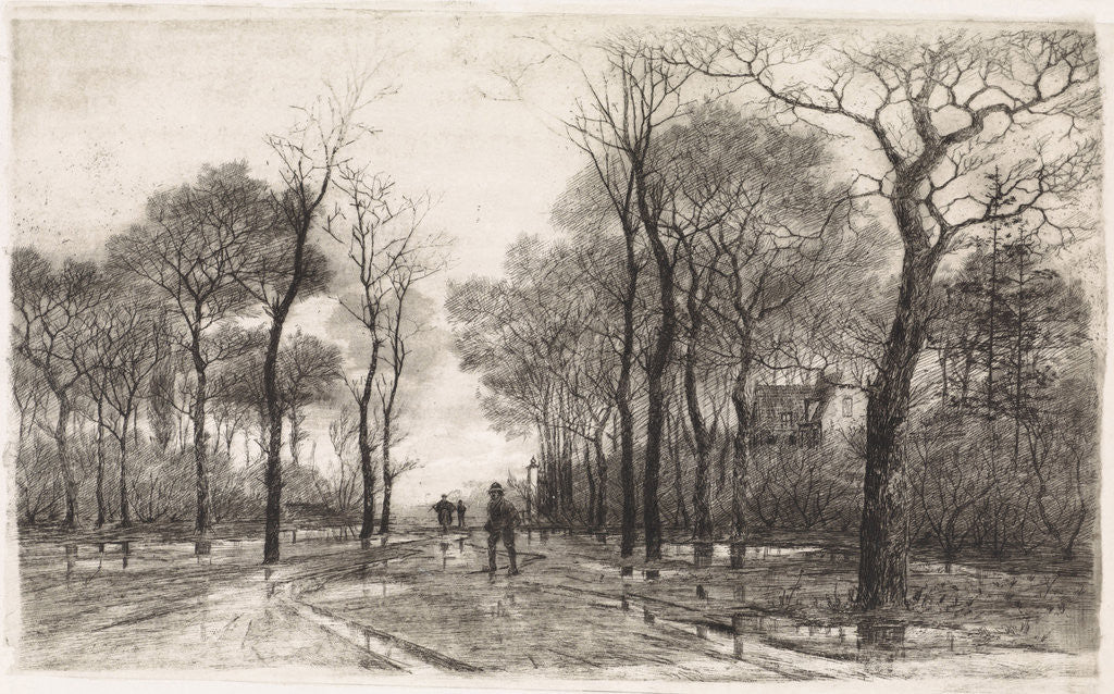 Detail of Three people on a road lined with trees by Elias Stark