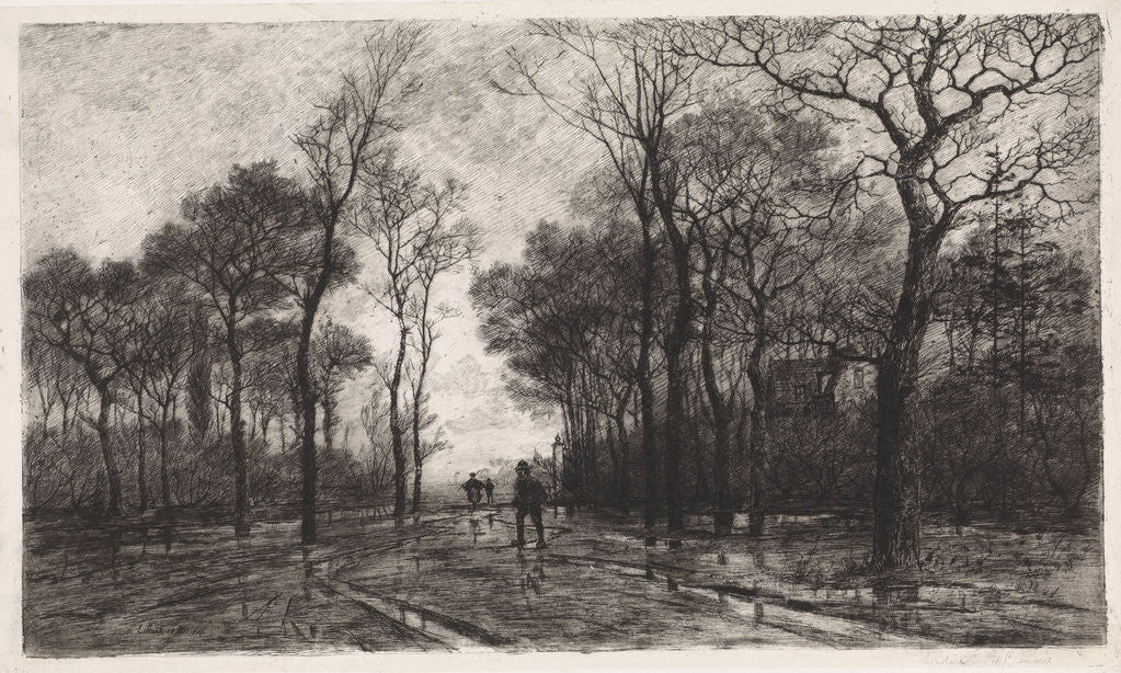Detail of Three people on a road lined with trees by Elias Stark