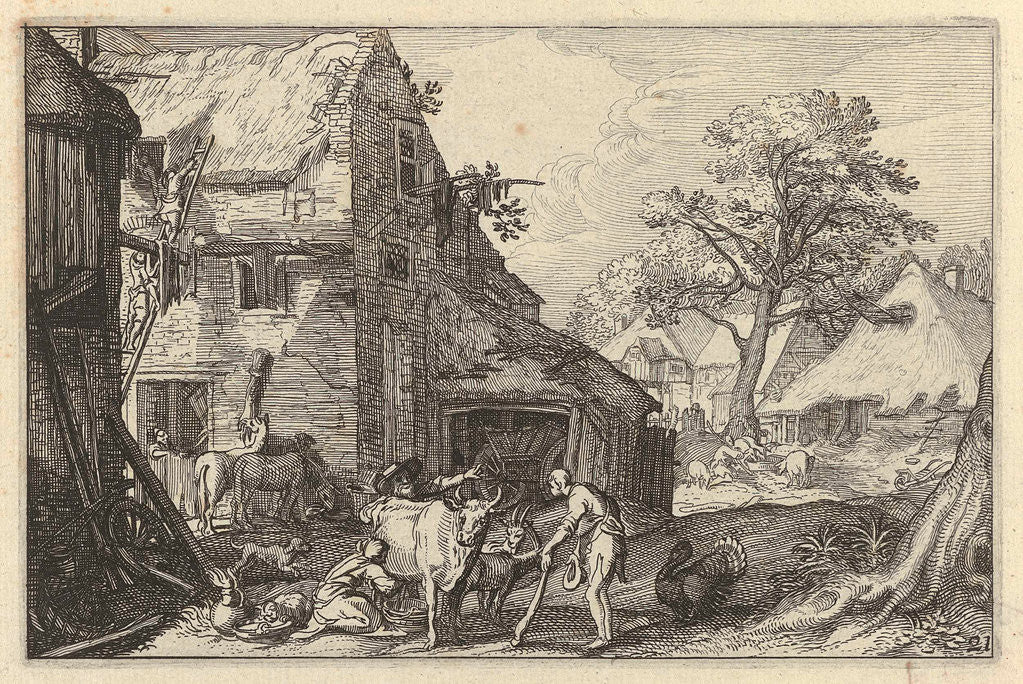 Detail of Farmyard with people and livestock by Jan Saenredam