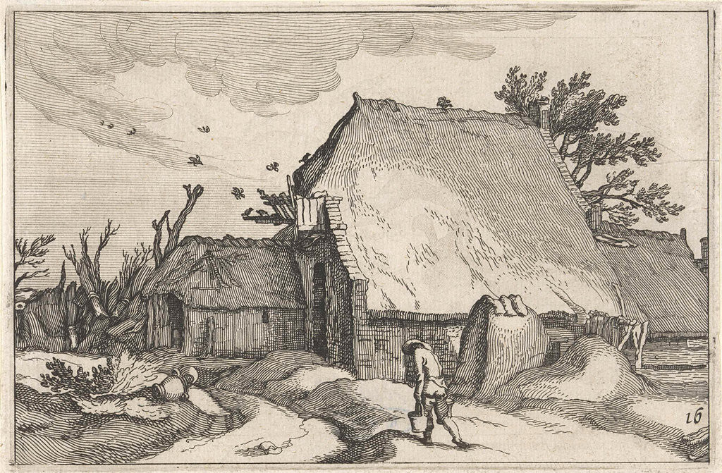 Detail of Farm and man with two buckets by Boetius Adamsz. Bolswert