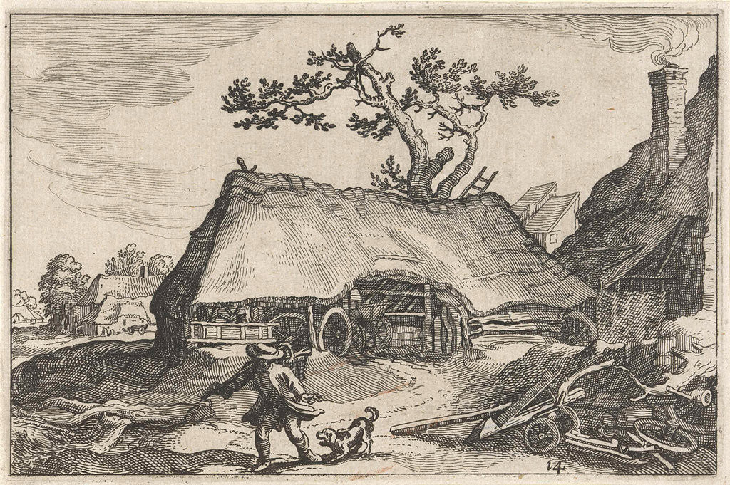 Detail of A farm, a man and a barking dog by Boetius Adamsz. Bolswert