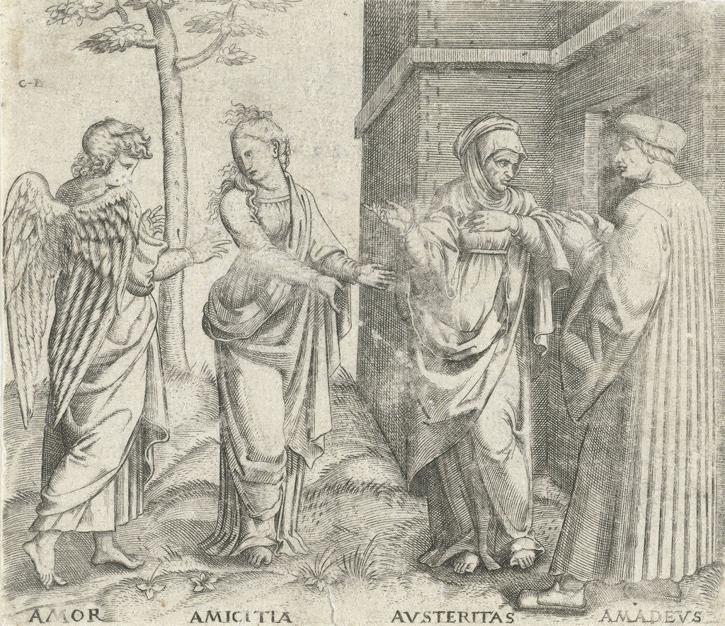 Detail of Amadeus Berutti with Austerity (Austeritas) and Friendship (Amicitia) and Love (Amor) by Marcantonio Raimondi